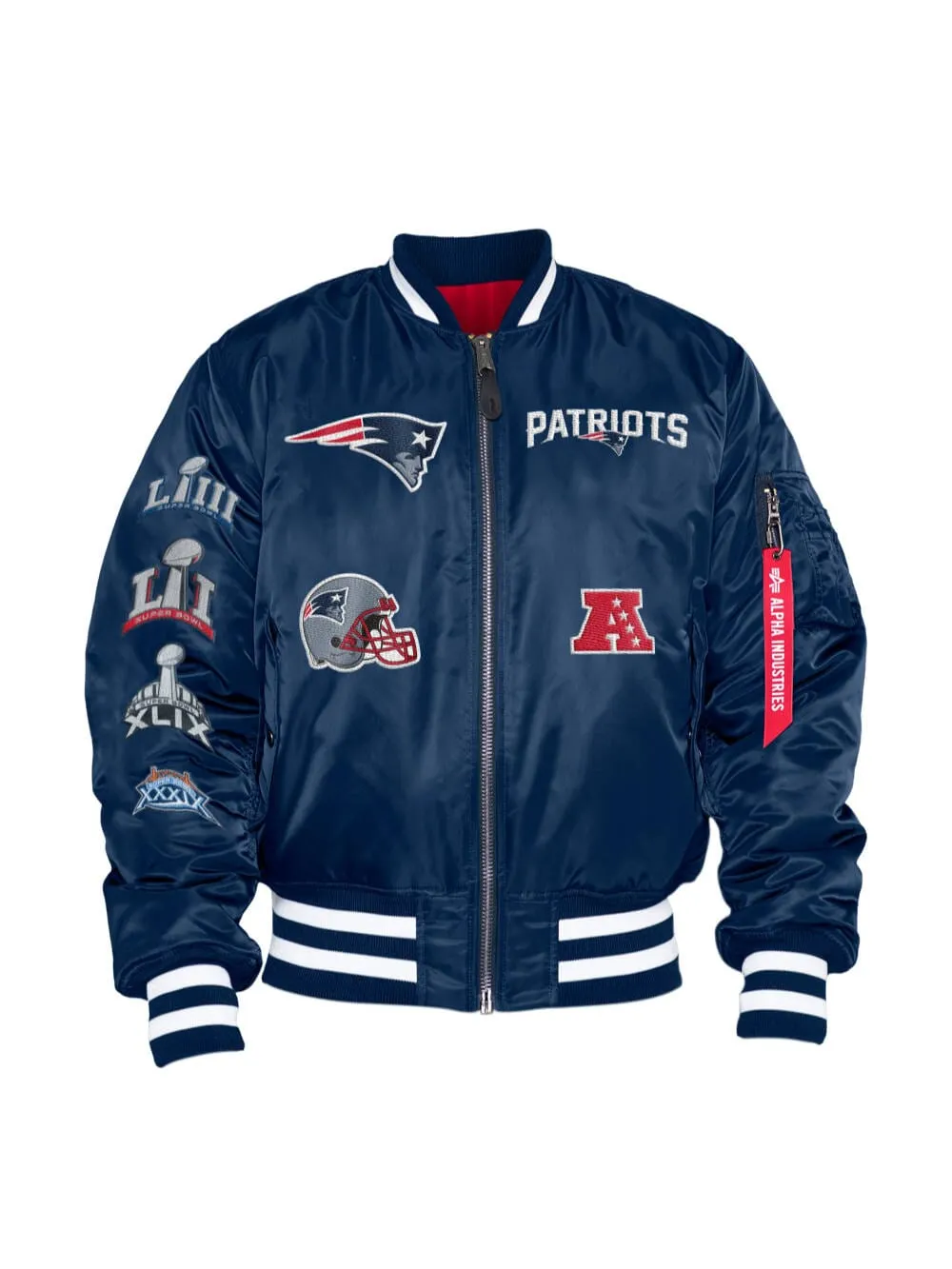 NEW ENGLAND PATRIOTS X ALPHA X NEW ERA MA-1 BOMBER JACKET (BLUE-RED)