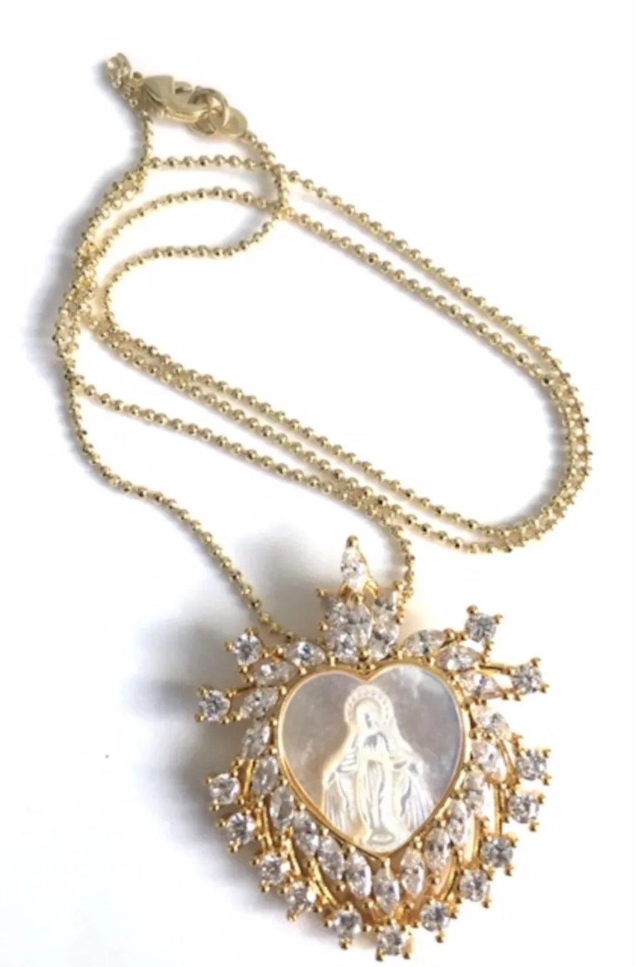 Our Lady of Grace Mother of Pearl Pendant Necklace 18K Gold Plated Chain