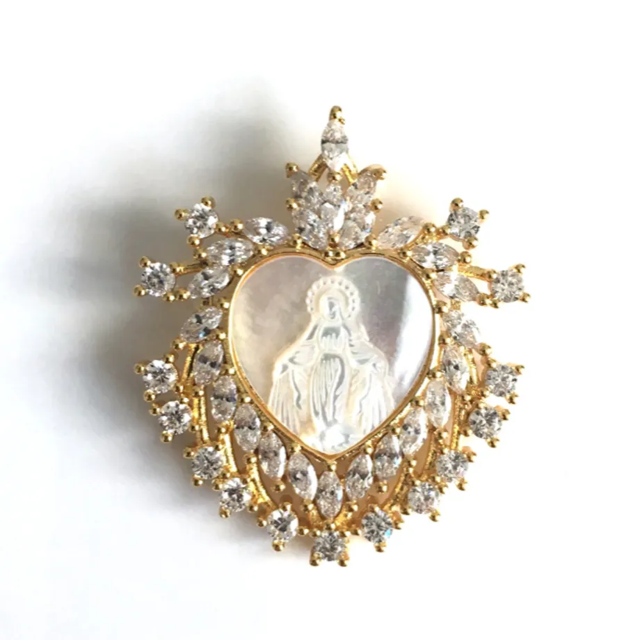 Our Lady of Grace Mother of Pearl Pendant Necklace 18K Gold Plated Chain