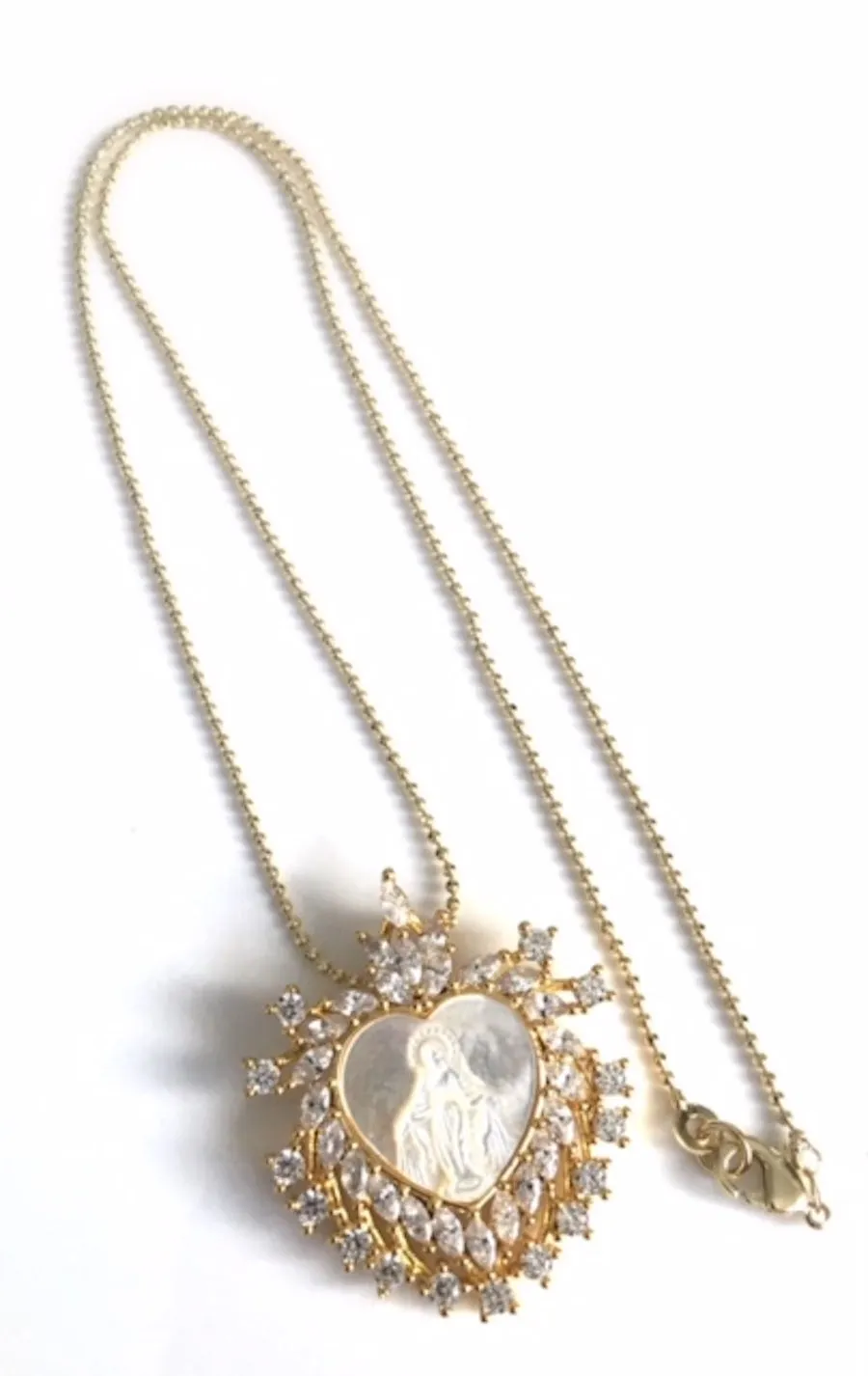 Our Lady of Grace Mother of Pearl Pendant Necklace 18K Gold Plated Chain