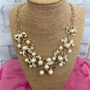 Pearl and Rhinestone Leaf Necklace