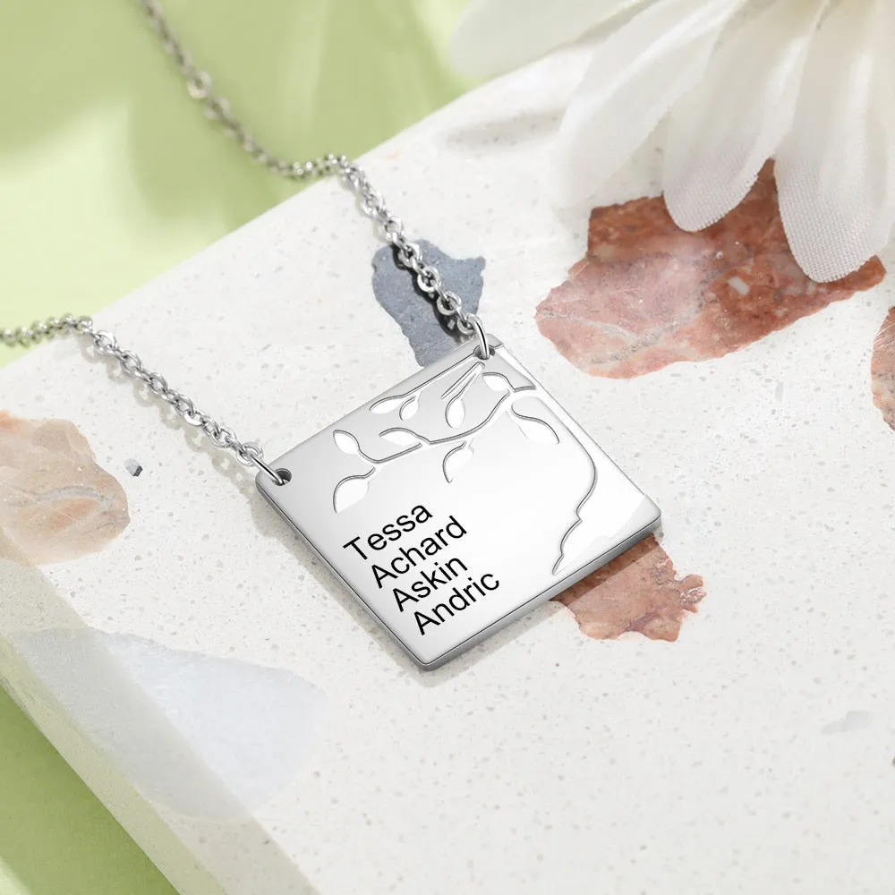 Personalized Square Necklace with Engraving 4 Names Customized Family Tree Pendants for Women Anniversary Jewelry