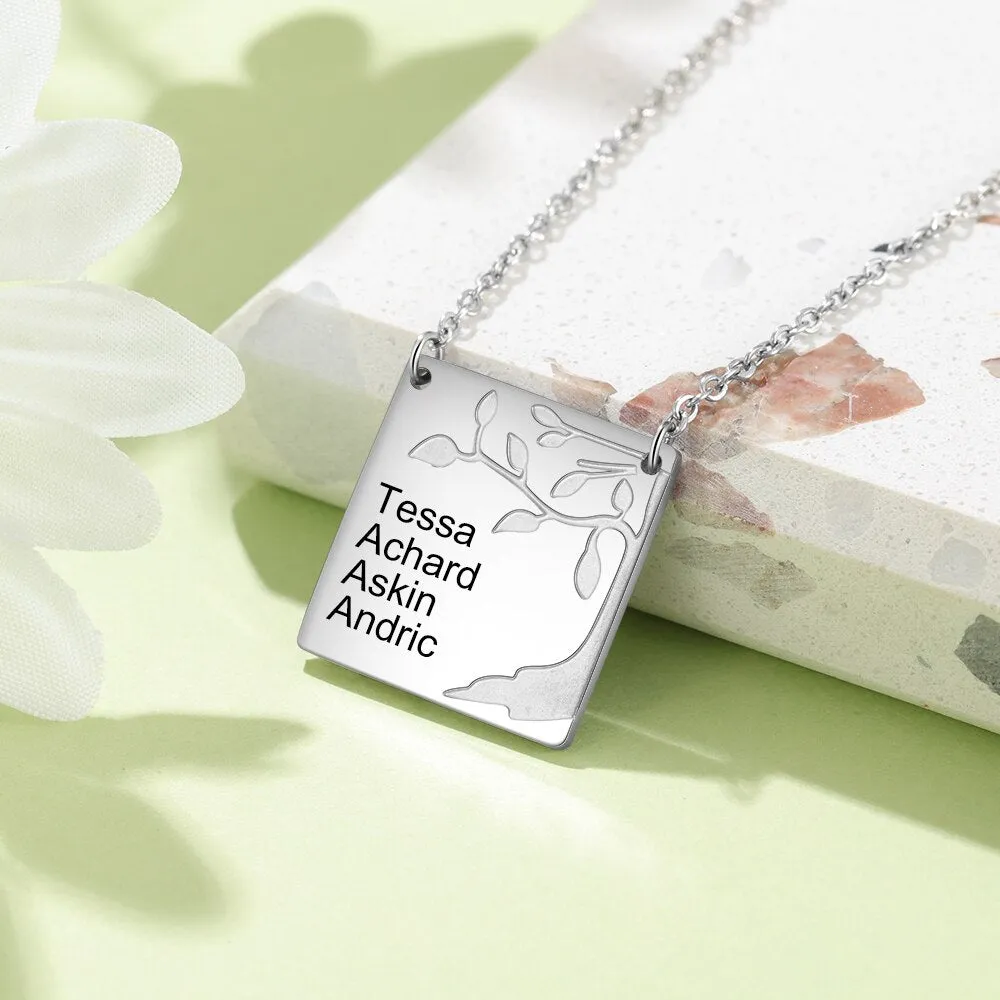 Personalized Square Necklace with Engraving 4 Names Customized Family Tree Pendants for Women Anniversary Jewelry