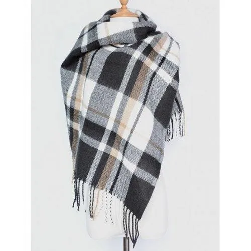 Plaid Tassel Edge Shawl Wrap Scarf - Black