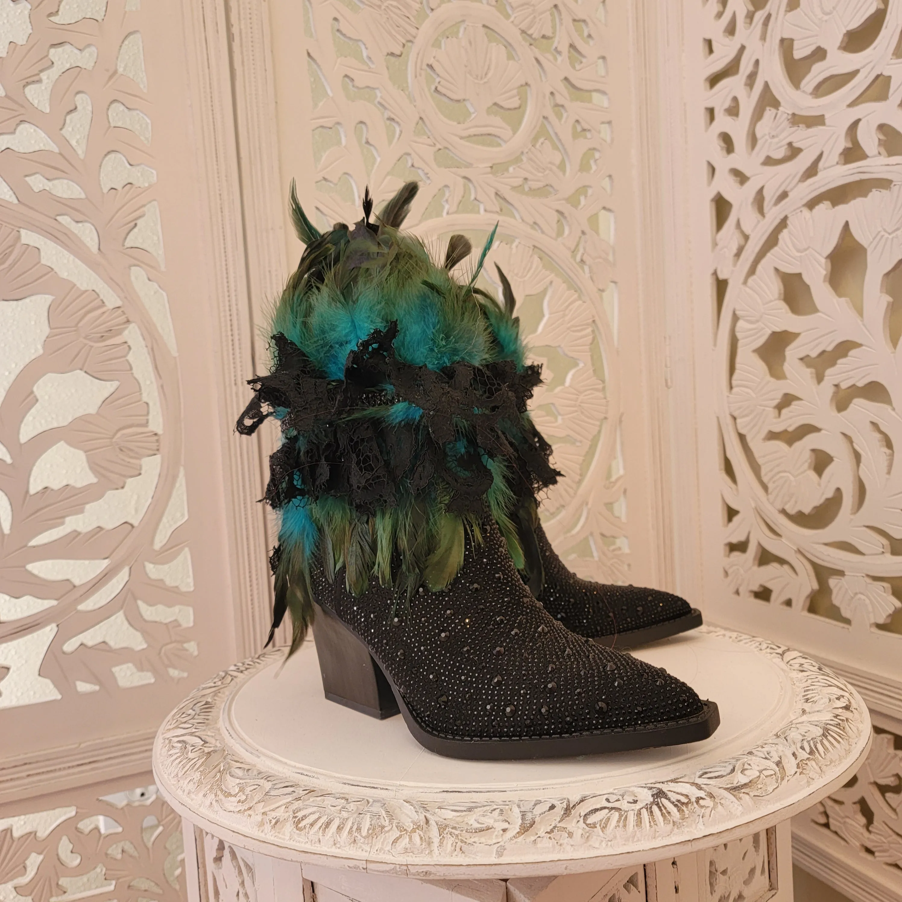 "JHETTA" Custom Order Black & Green Crystal Feather Ankle Boots