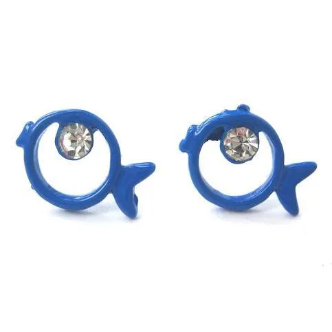 Round Fish Shaped Outline Stud Earrings in Blue with Rhinestones