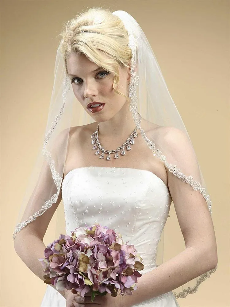 Shimmering Mantilla Bridal Veil, Crystal Lace Trim