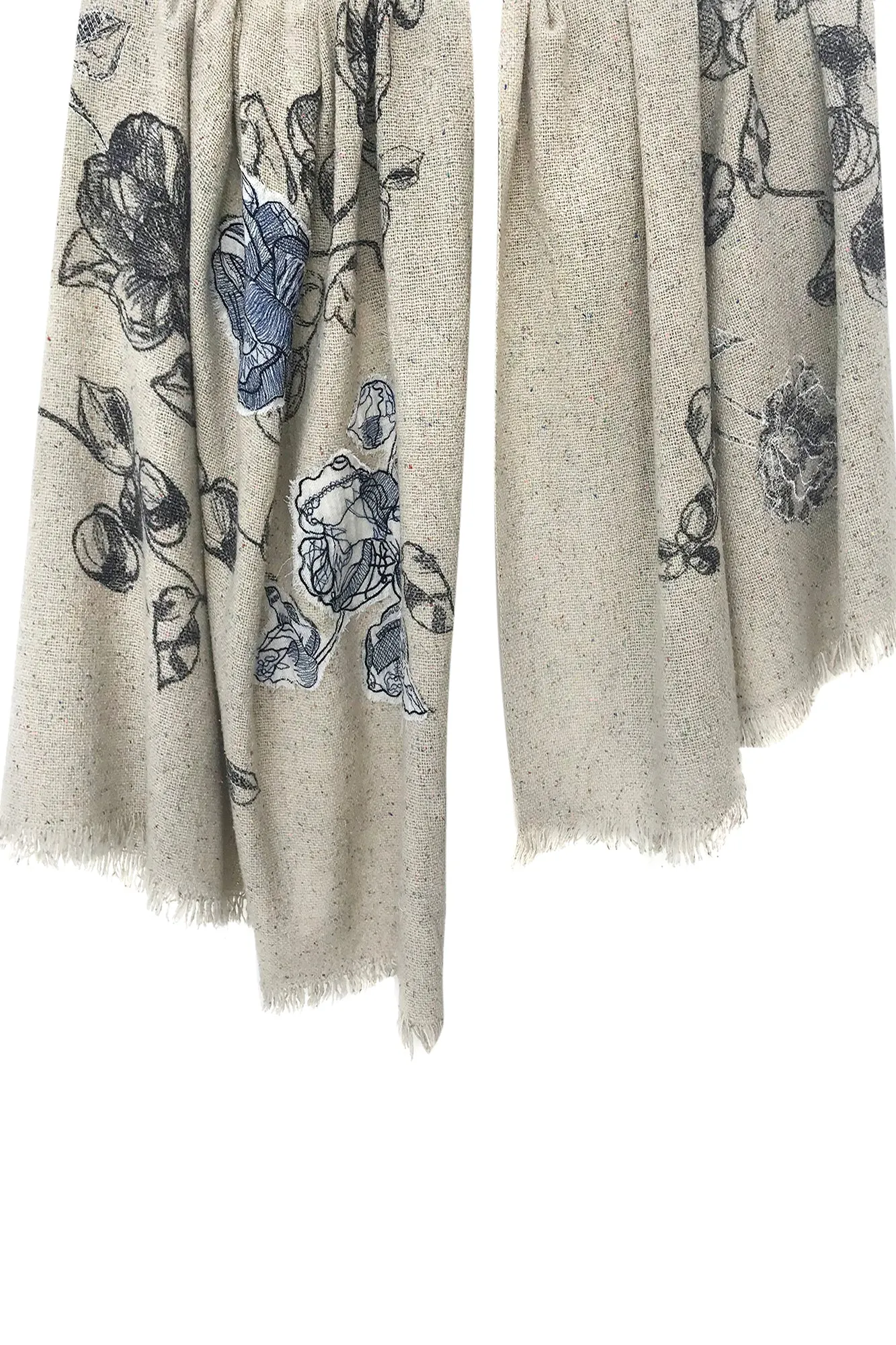 Silk wool Cashmere - Floral Monochrome Illustration Scarf