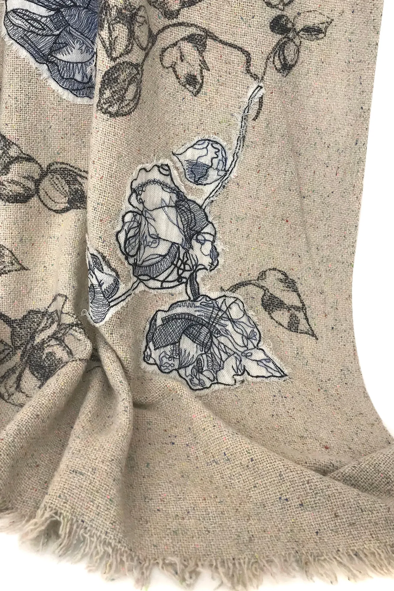 Silk wool Cashmere - Floral Monochrome Illustration Scarf