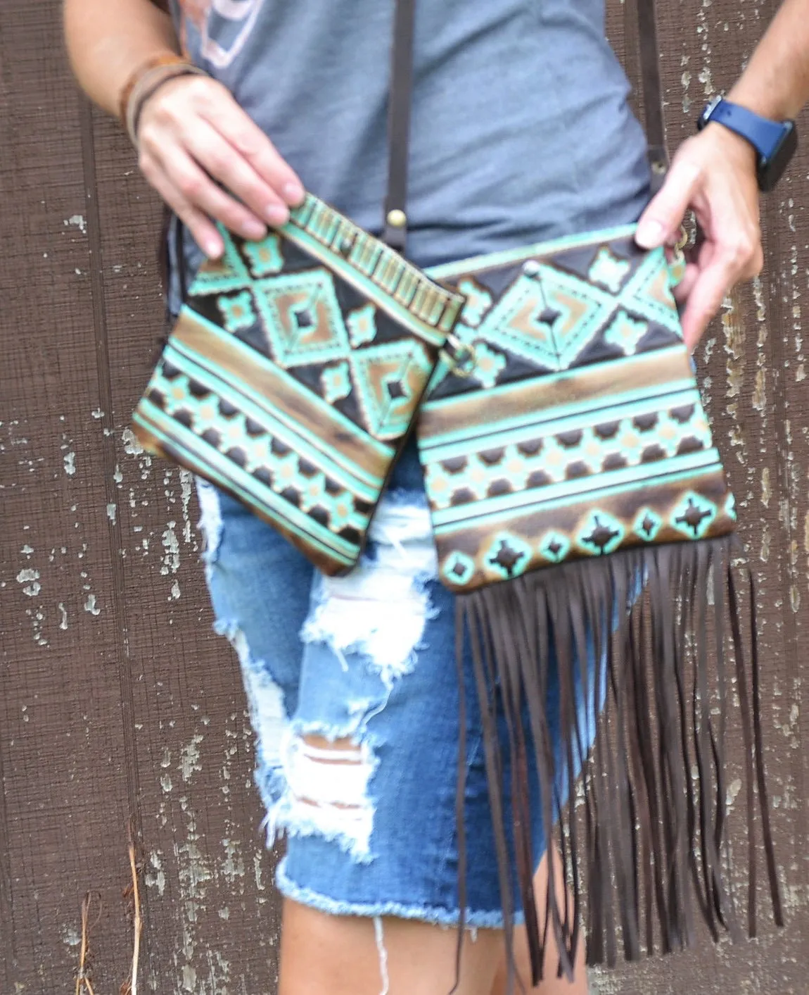 **Small Crossbody Handbag w/ Turquoise Navajo Tooled Leather 504c