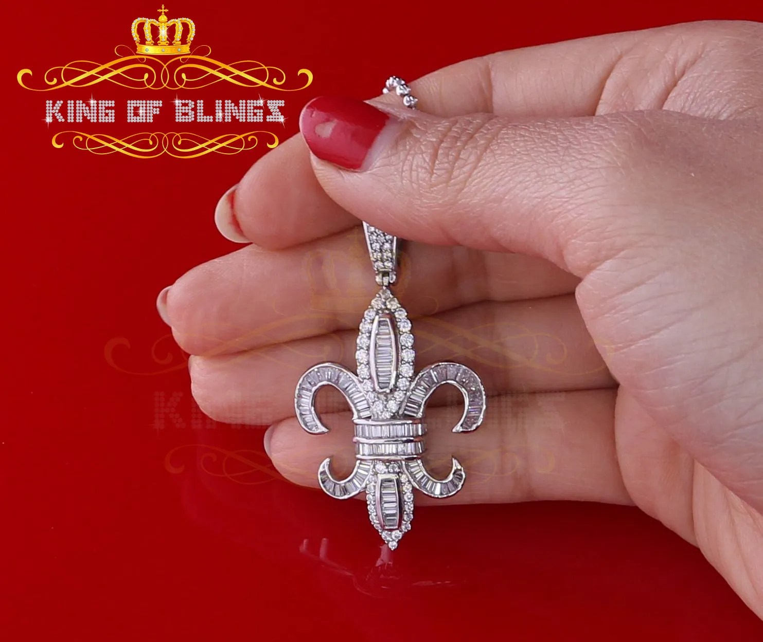 White 925 Fleur de Lis Shape Sterling Silver Pendant with 3.73ct Cubic Zirconia