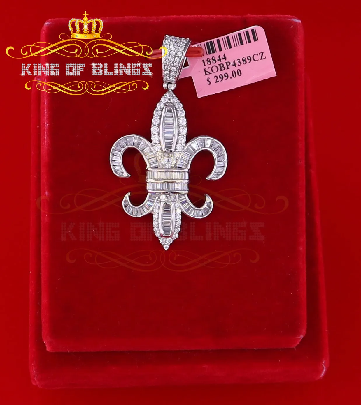 White 925 Fleur de Lis Shape Sterling Silver Pendant with 3.73ct Cubic Zirconia